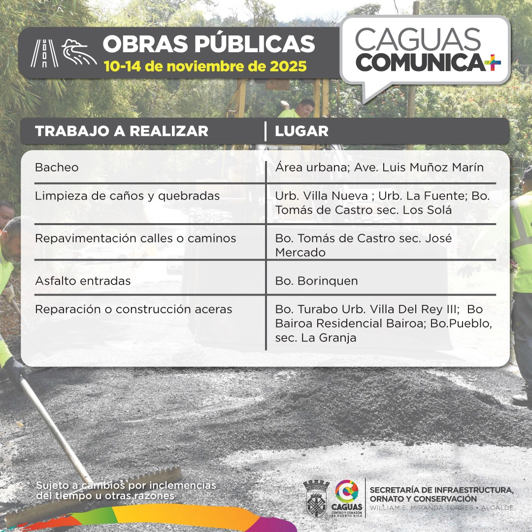 Caguas Comunica 10 al 14 de nov 2025 Obras Publicas