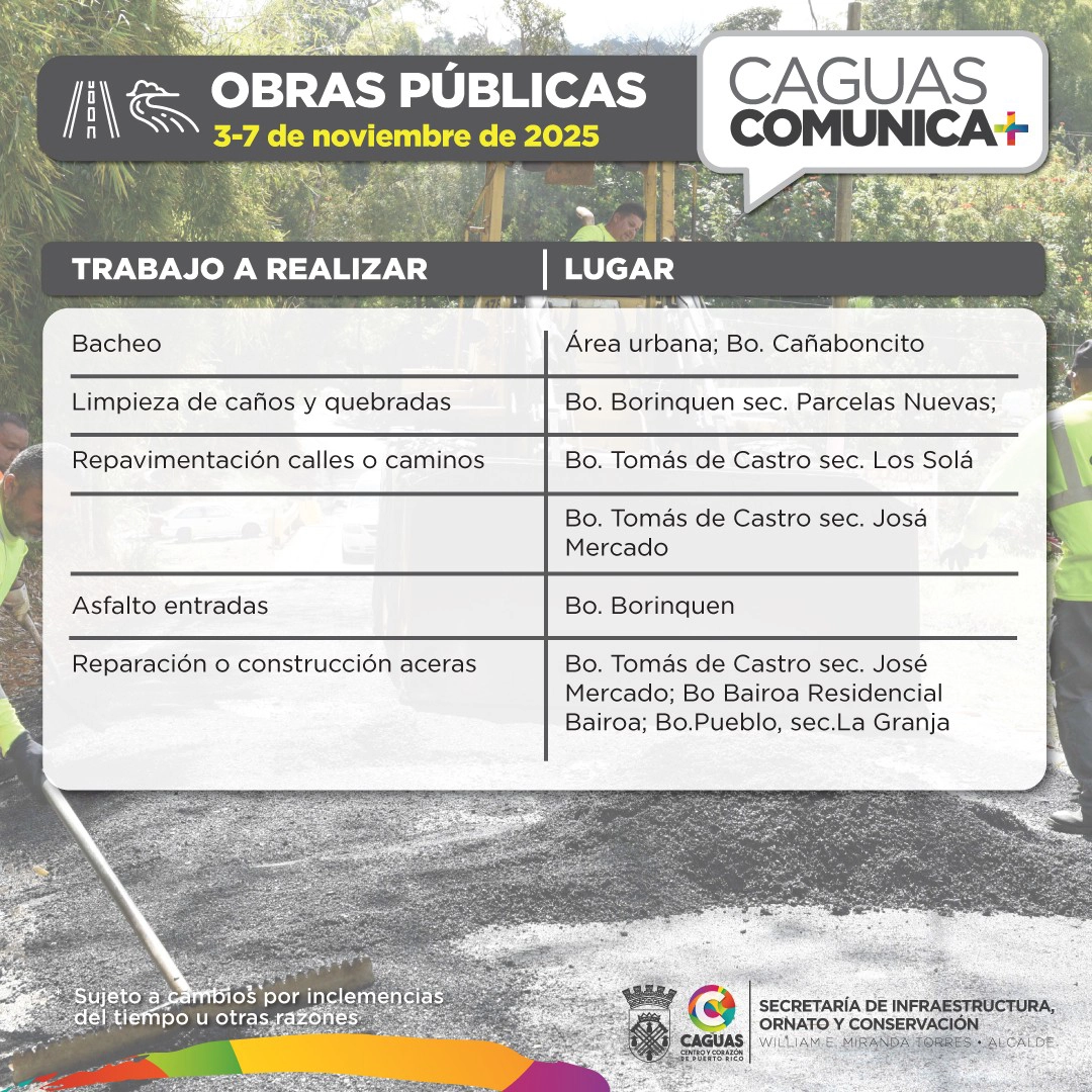 Caguas Comunica 3 al 7 de nov 2025 Obras Publicas