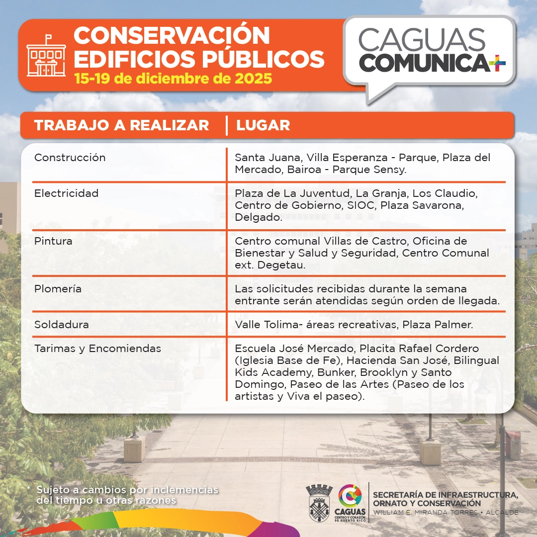 Calendario Obras Publicas del 15 al 19 de diciembre Conservación
