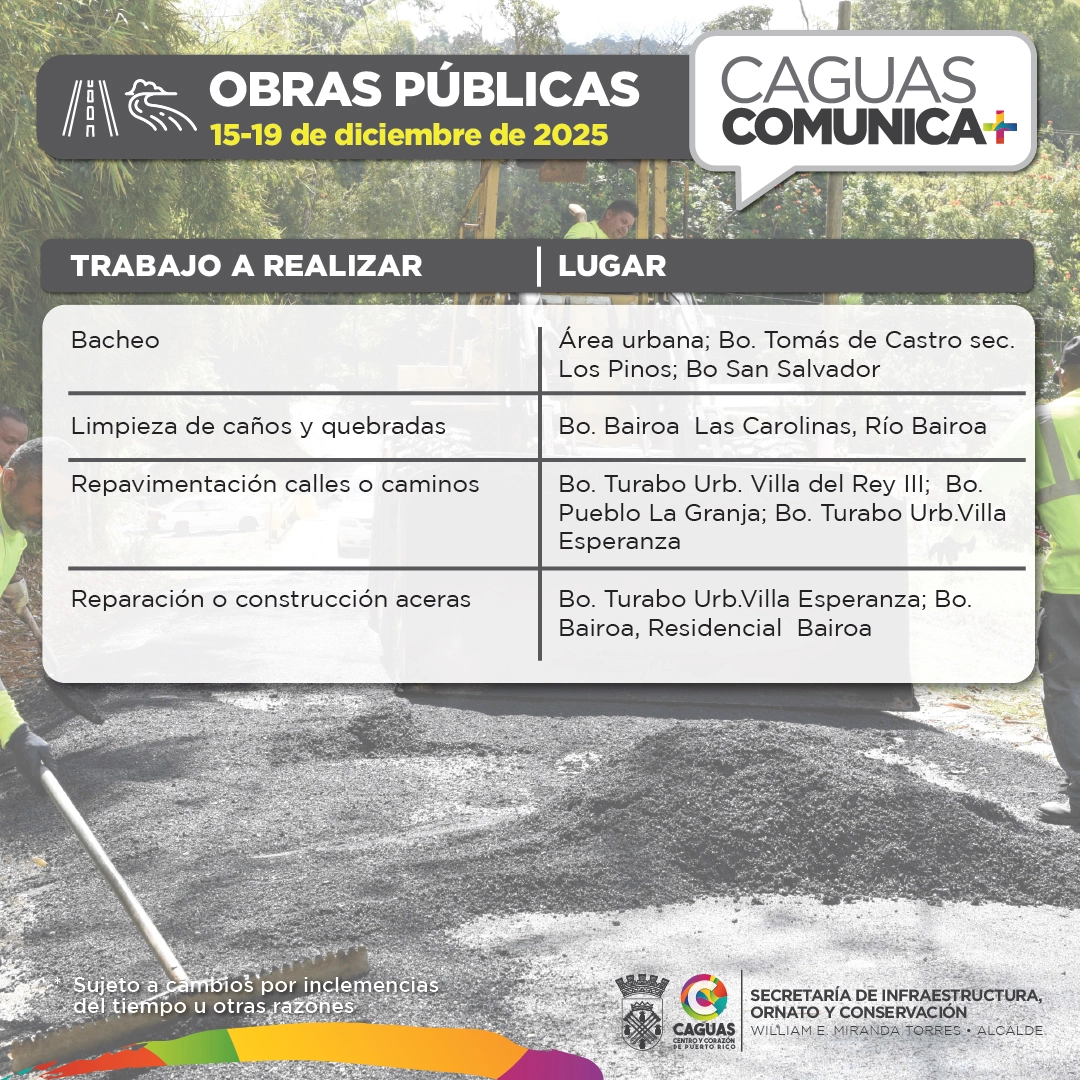 Calendario Obras Publicas del 15 al 19 de diciembre Obras Públicas