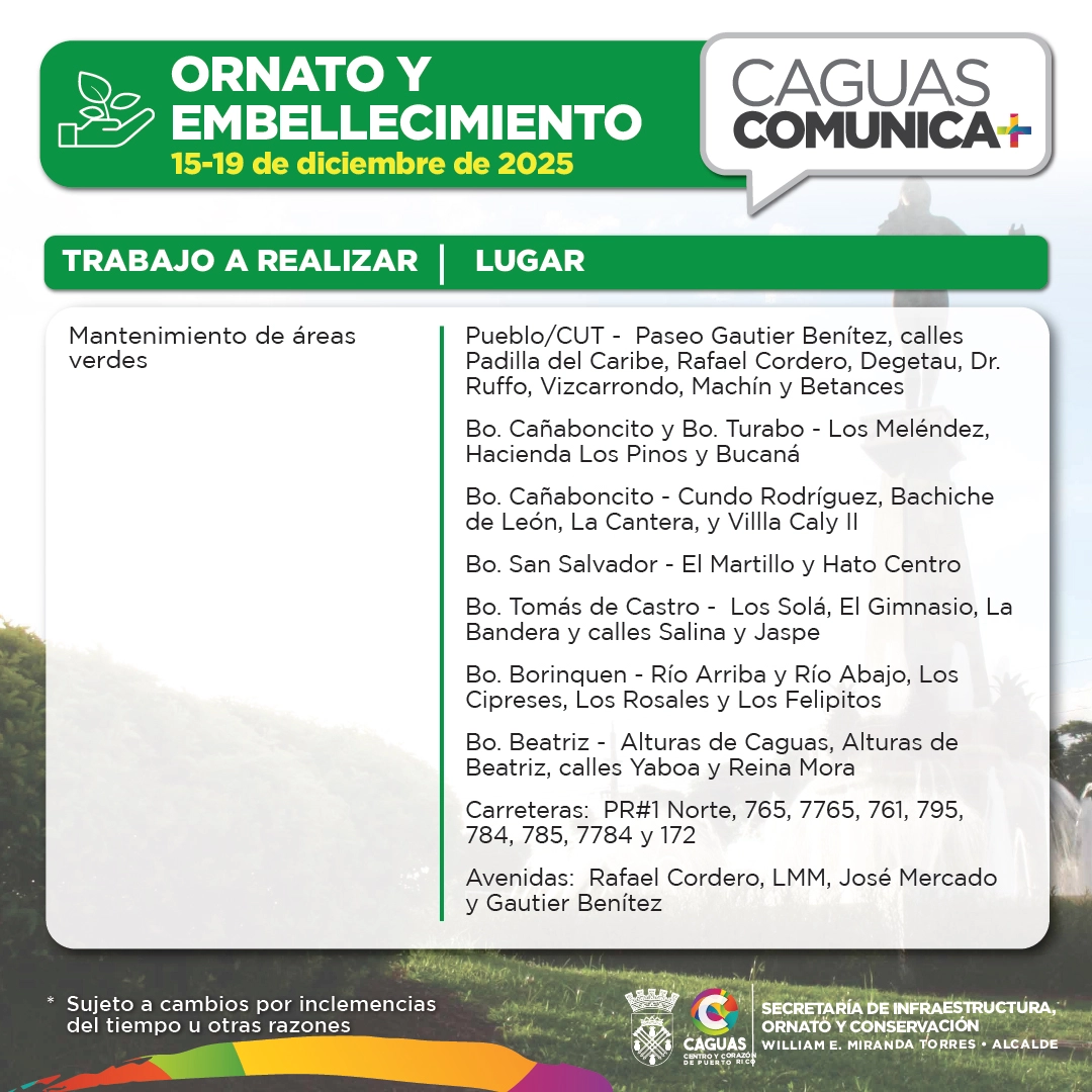 Calendario Obras Publicas del 15 al 19 de diciembre Ornato