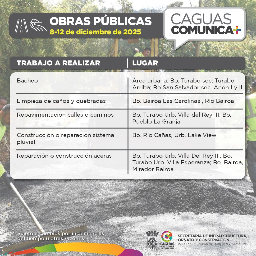 Calendario Obras Publicas del 8 al 12 de diciembre Obras Publicas