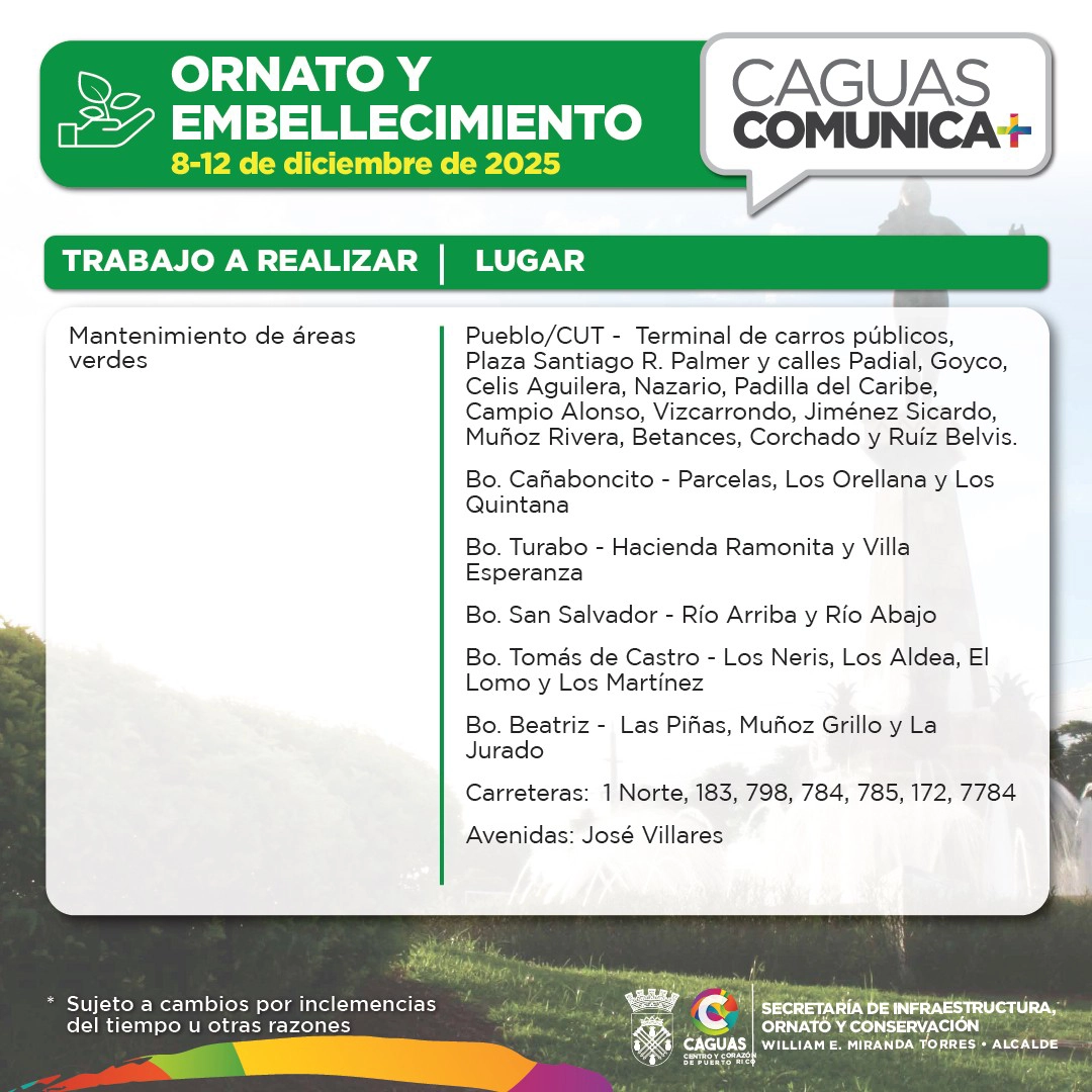 Calendario Obras Publicas del 8 al 12 de diciembre Ornato