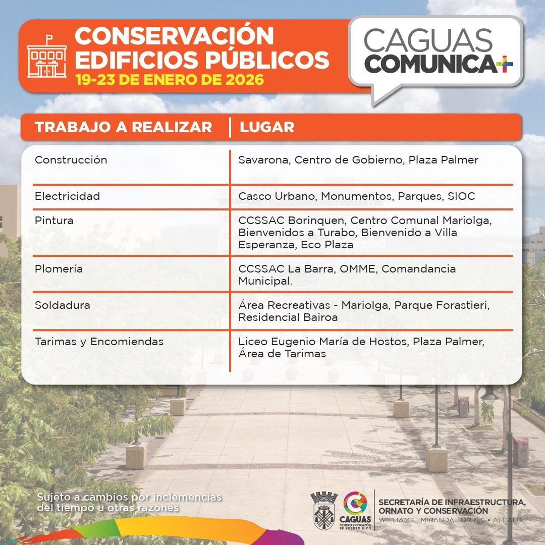 Calendario Obras Publicas del 19 al 23 de enero Conservación