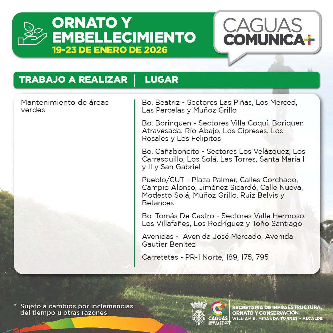 Calendario Obras Publicas del 19 al 23 de enero Ornato