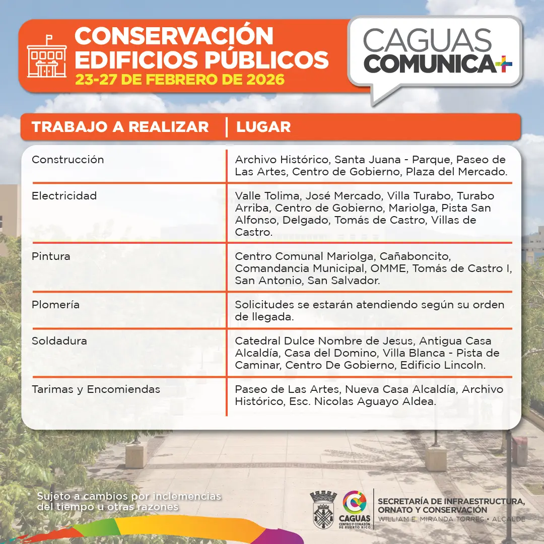 Calendario Obras Publicas del 23 al 27 de febrero Conservacion