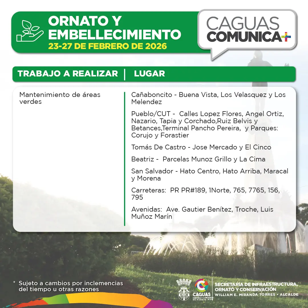 Calendario Obras Publicas del 23 al 27 de febrero Ornato