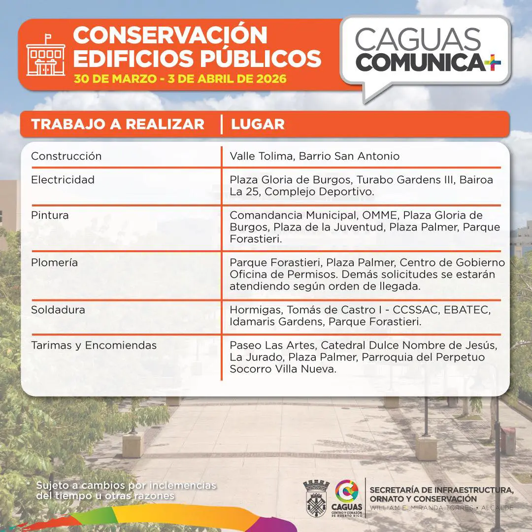 Calendario de Obras Publicas 30 de marzo al 03 de abril 2026 Conservacion