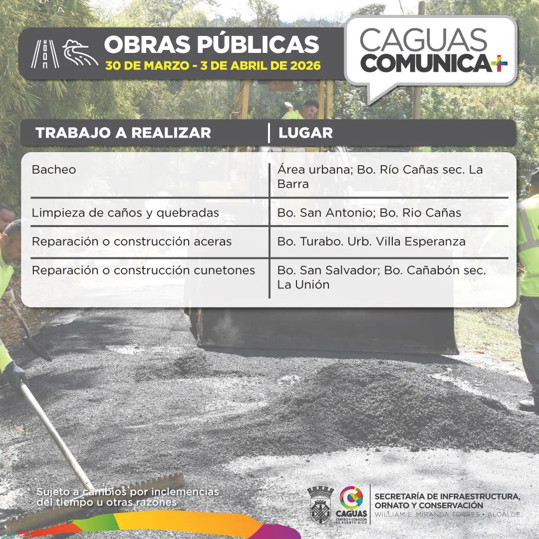 Calendario de Obras Publicas 30 de marzo al 03 de abril 2026 Obras Publicas