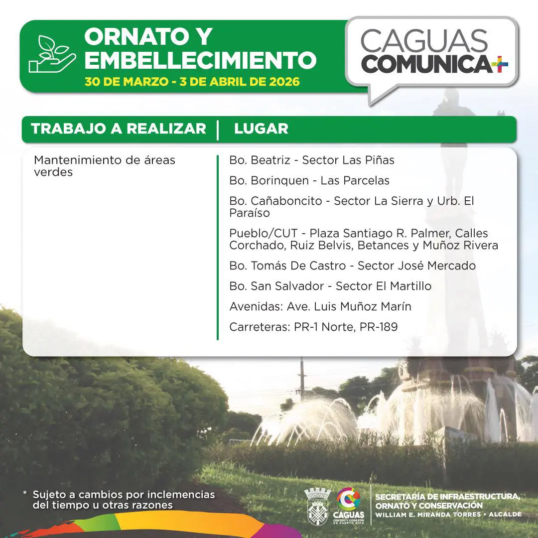 Calendario de Obras Publicas 30 de marzo al 03 de abril 2026 Ornato