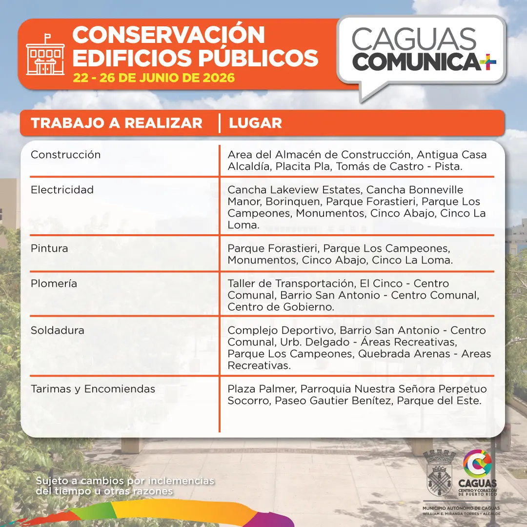 Conservacion Calendario de Obras Públicas 22 al 26 de junio 2026