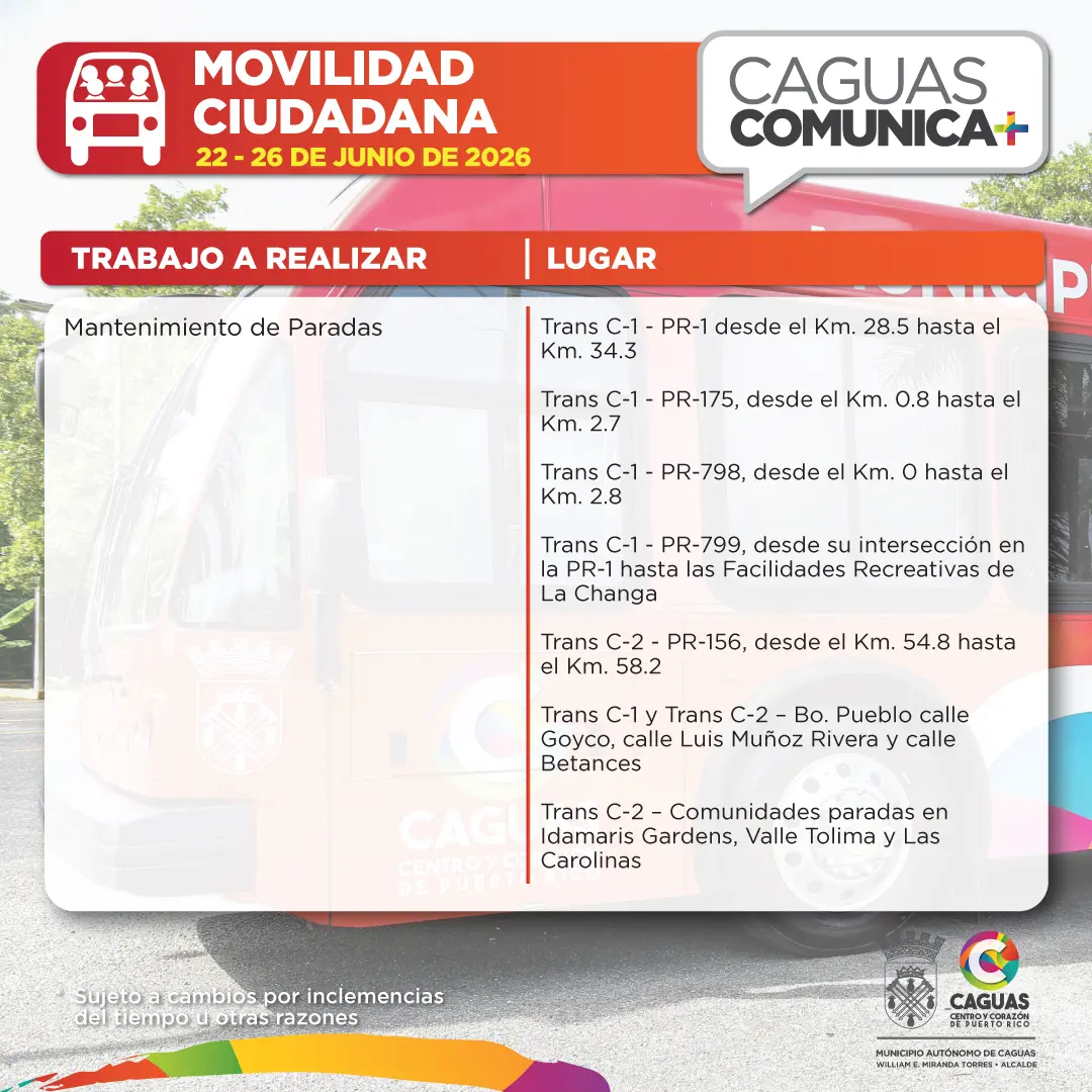 Movilidad Calendario de Obras Públicas 22 al 26 de junio 2026