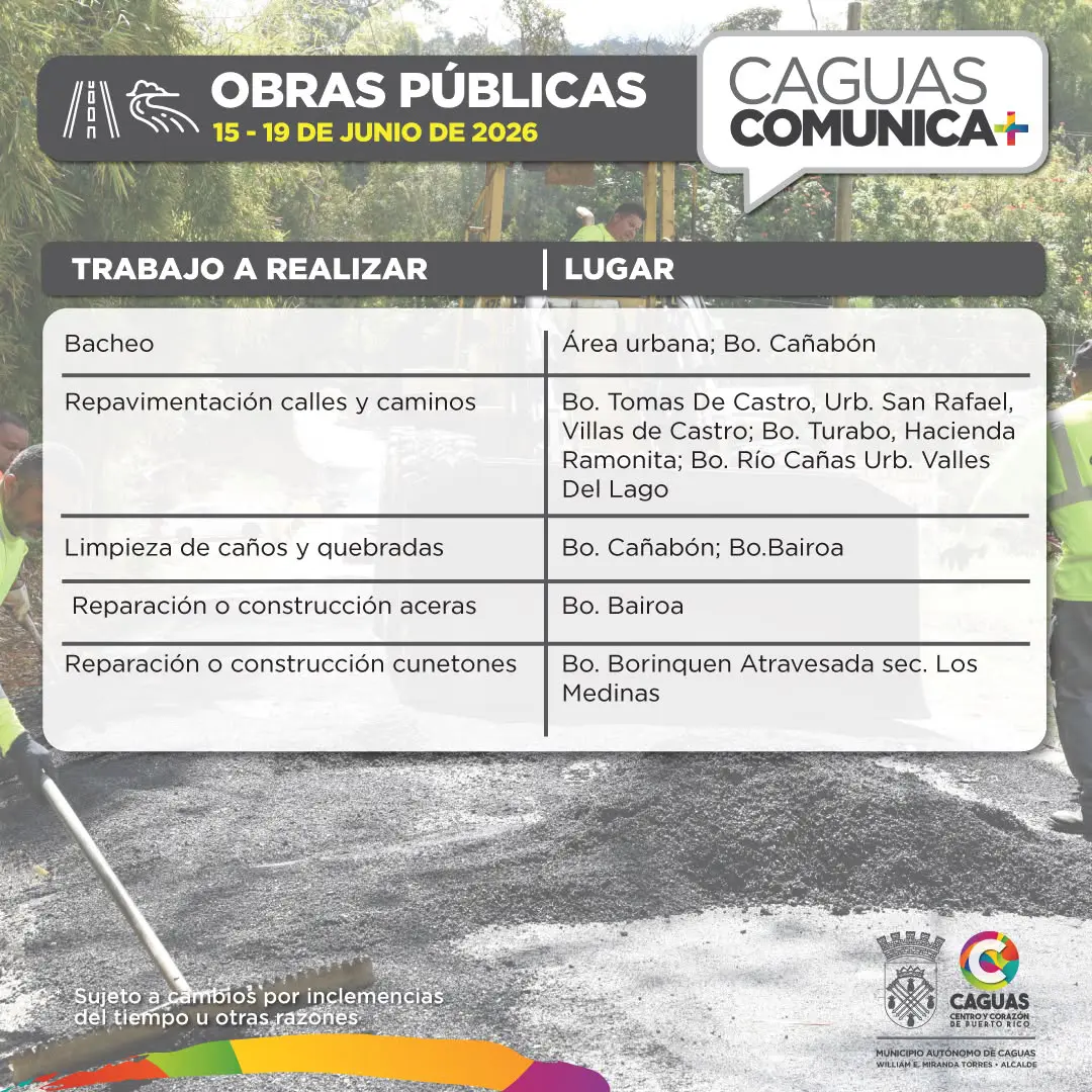 Obras Publicas Calendario de Obras Públicas 15 al 19 de junio 2026
