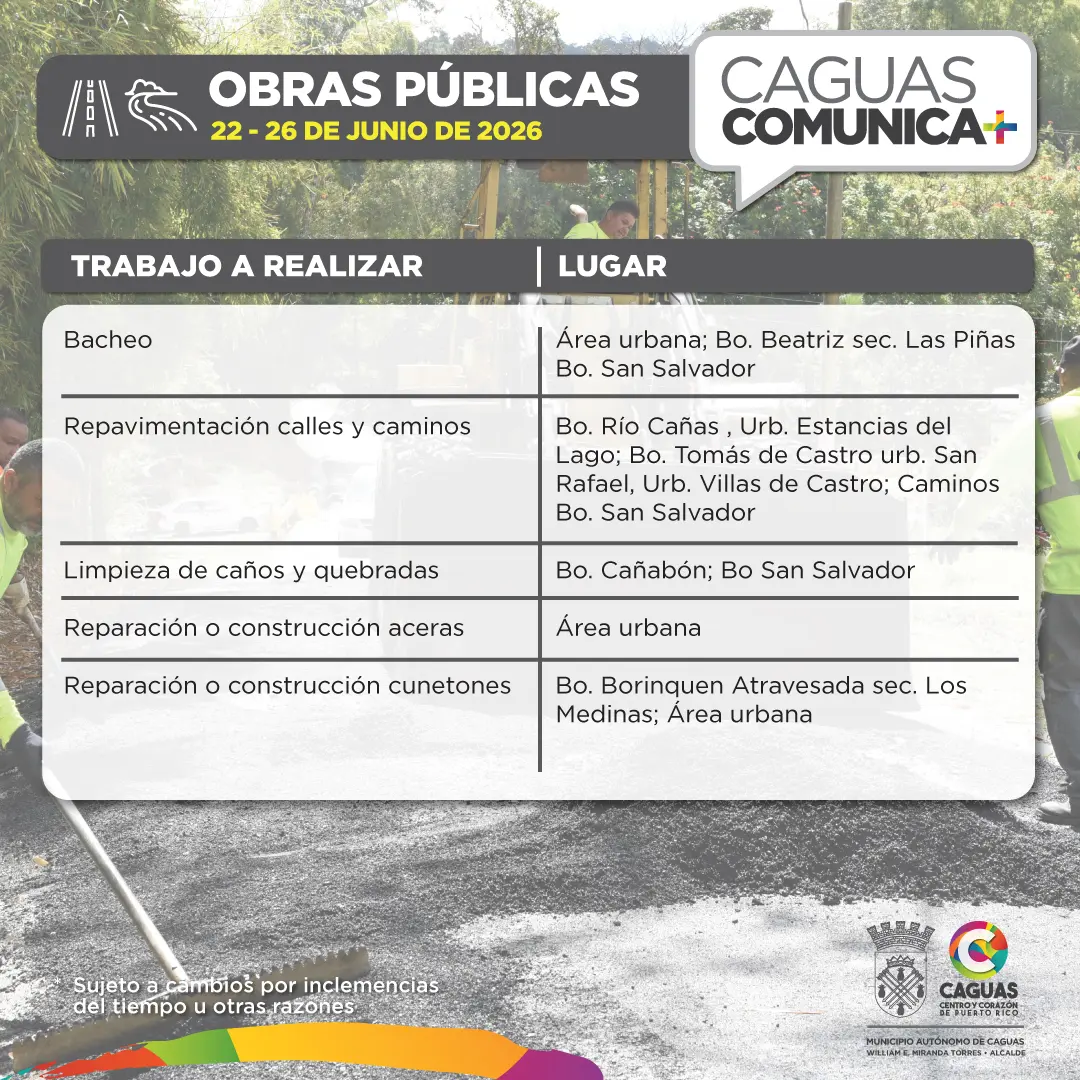 Obras Publicas Calendario de Obras Públicas 22 al 26 de junio 2026