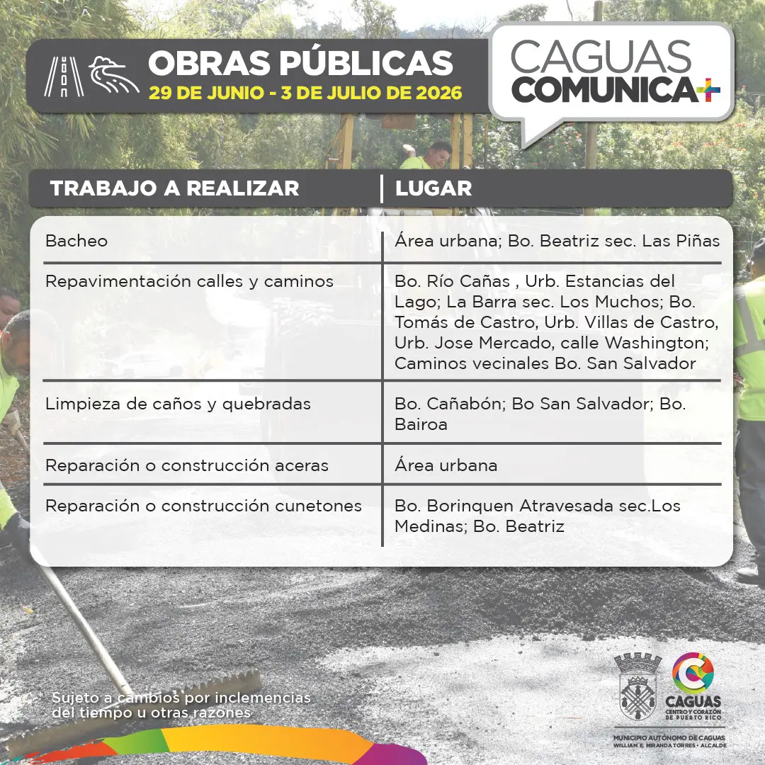 Obras publicas Calendario de Obras Públicas del 29 de junio al 03 de julio 2026