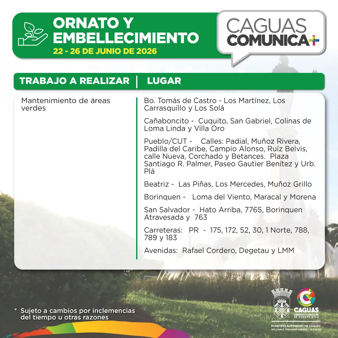 Ornato Calendario de Obras Públicas 22 al 26 de junio 2026