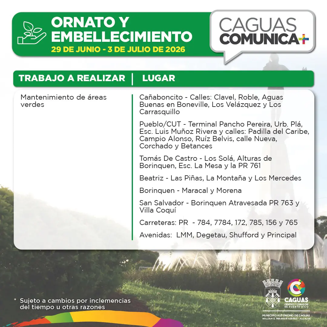 Ornato Calendario de Obras Públicas del 29 de junio al 03 de julio 2026