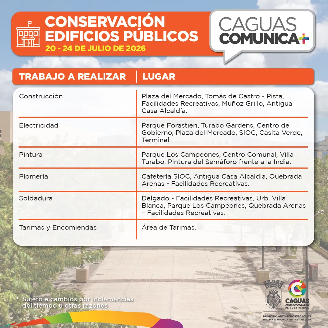 Conservacion Calendario de Obras Públicas del 20 al 24 de julio 2026