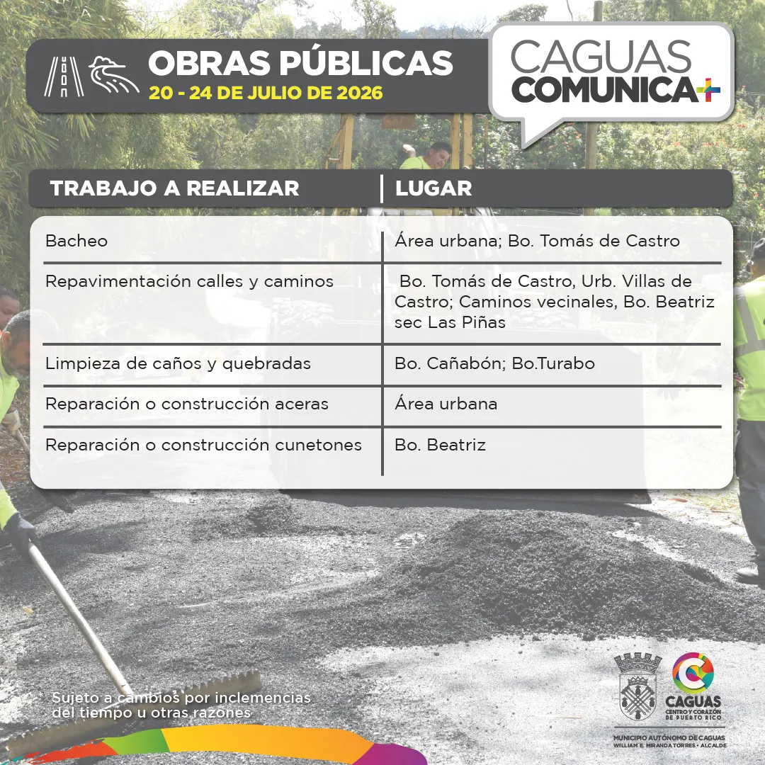 Obras Publicas Calendario de Obras Públicas del 20 al 24 de julio 2026