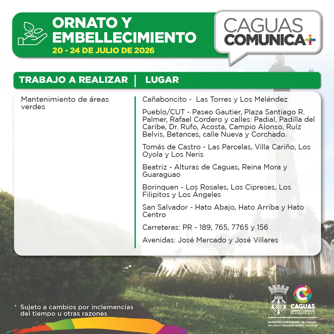 Ornato Calendario de Obras Públicas del 20 al 24 de julio 2026